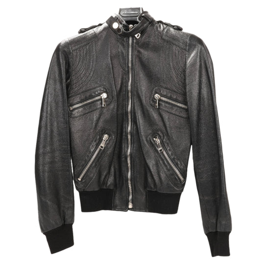 Dolce &amp; Gabbana – Bikerjacke aus schwarzem Leder und Leopardenmuster, Größe 38