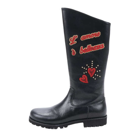 Dolce & Gabbana Leather Boots Black x Red Studs Sequins Patch in Size 37 EU