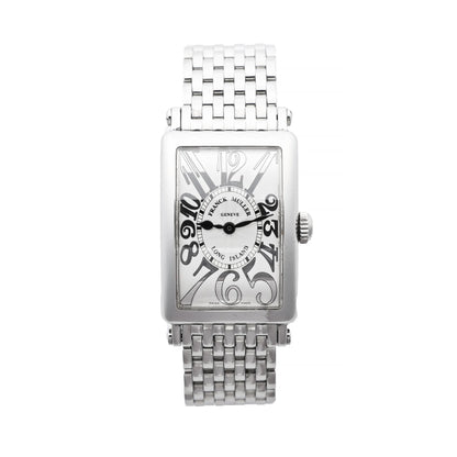 Franck Muller Long Island 902QZ stainless steel wristwatch with rectangular silver guilloché dial, bold black Art Deco numerals, and polished link bracelet, displayed against a white background.