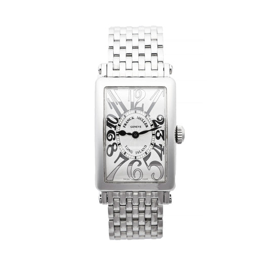 Franck Muller Long Island 902QZ stainless steel wristwatch with rectangular silver guilloché dial, bold black Art Deco numerals, and polished link bracelet, displayed against a white background.