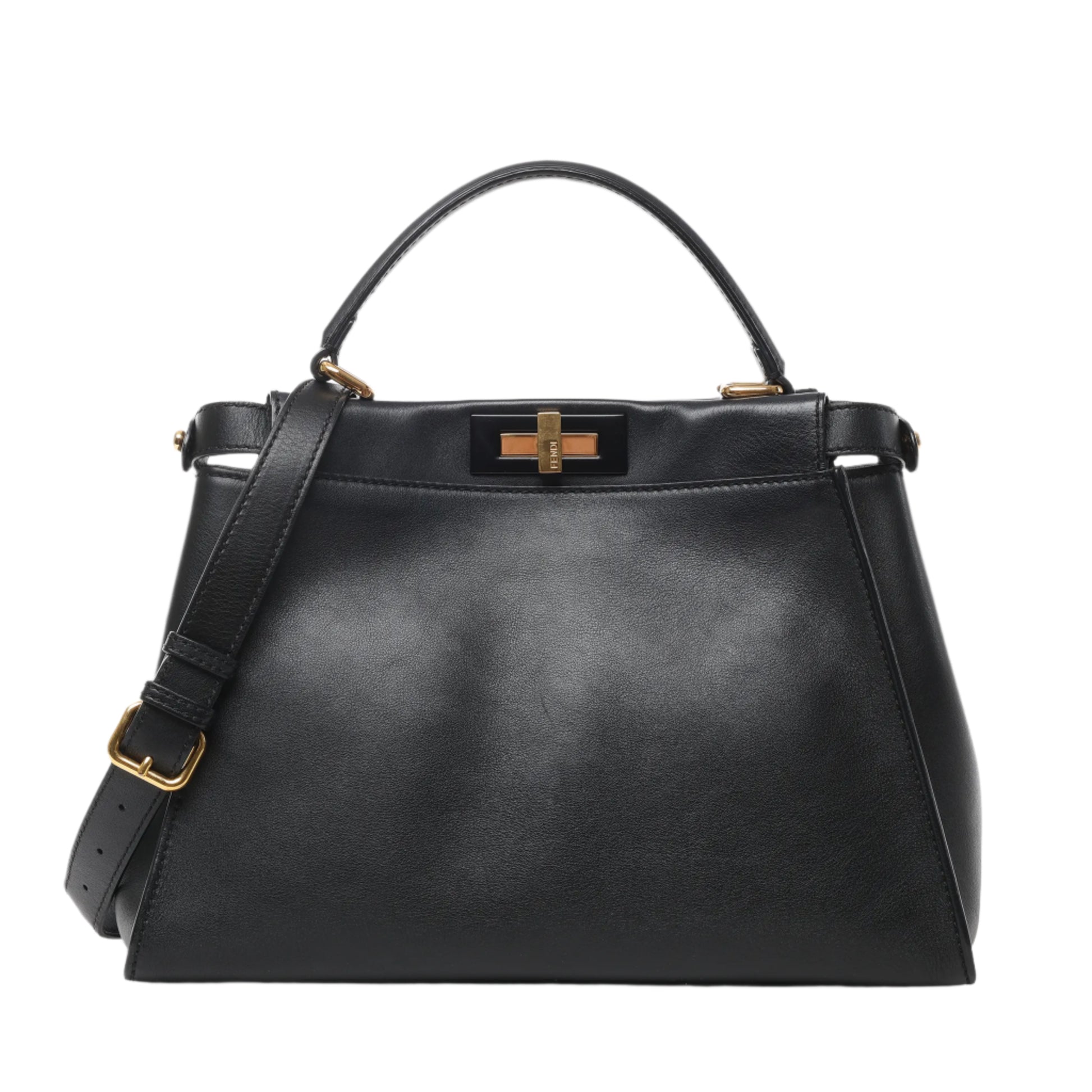 Front view of Fendi Peekaboo Regular 2Way Handbag 8BN290 in smooth black leather with top handle, adjustable shoulder strap, and gold-tone twist-lock closure, displayed against a white background.