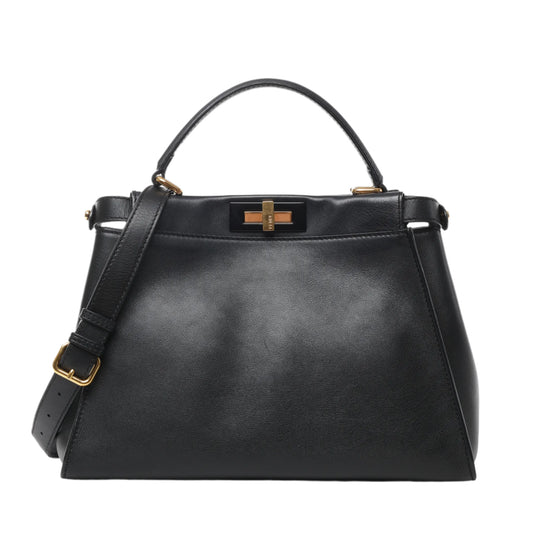 Front view of Fendi Peekaboo Regular 2Way Handbag 8BN290 in smooth black leather with top handle, adjustable shoulder strap, and gold-tone twist-lock closure, displayed against a white background.