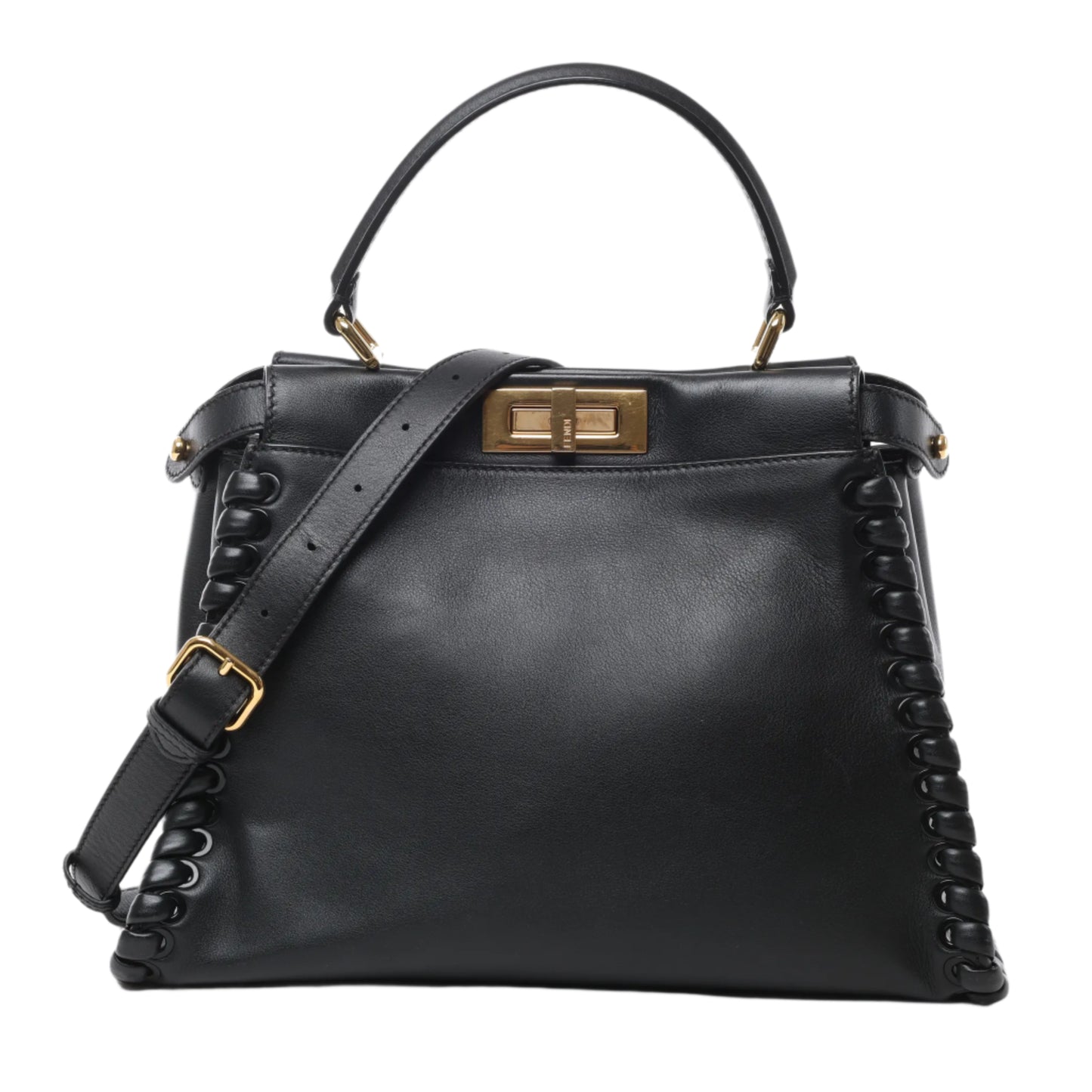 Front view of Fendi Peekaboo Regular Leather 2Way Handbag 8BN290 in black smooth leather with whipstitch side detailing, gold-tone twist-lock closure, top handle, and adjustable shoulder strap, displayed against a white background.