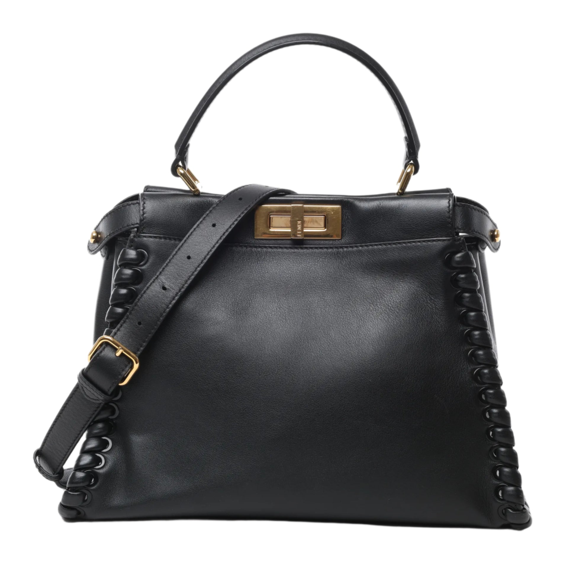 Front view of Fendi Peekaboo Regular Leather 2Way Handbag 8BN290 in black smooth leather with whipstitch side detailing, gold-tone twist-lock closure, top handle, and adjustable shoulder strap, displayed against a white background.