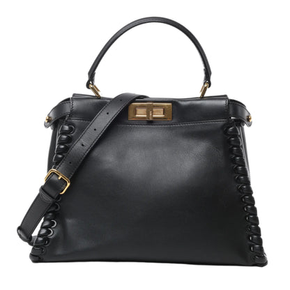 Front view of Fendi Peekaboo Regular Leather 2Way Handbag 8BN290 in black smooth leather with whipstitch side detailing, gold-tone twist-lock closure, top handle, and adjustable shoulder strap, displayed against a white background.