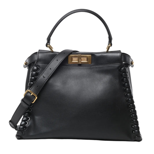 Front view of Fendi Peekaboo Regular Leather 2Way Handbag 8BN290 in black smooth leather with whipstitch side detailing, gold-tone twist-lock closure, top handle, and adjustable shoulder strap, displayed against a white background.