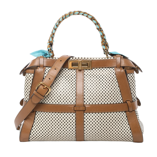 Front view of Fendi Peekaboo Regular Perforated Leather 2Way Handbag 8BN290 in brown and beige with gold-tone twist-lock, brown leather trim, adjustable strap, and braided top handle wrapped with a blue patterned Fendi scarf, displayed against a white background.
