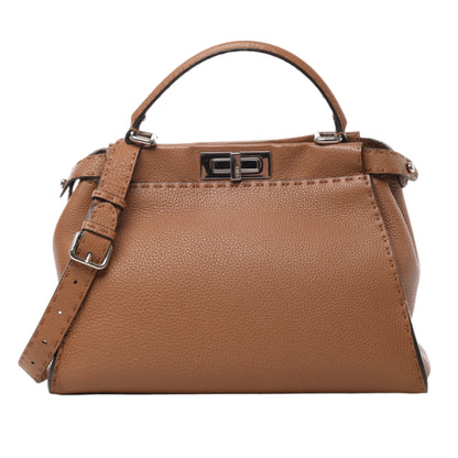 Front view of Fendi Peekaboo Regular Selleria 2Way Handbag 8BN290 in brown grained leather with silver-tone twist-lock closure, top handle, and adjustable shoulder strap, displayed against a white background.