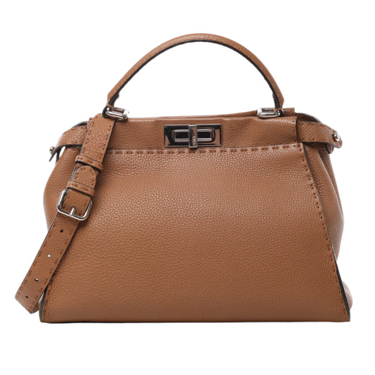 Front view of Fendi Peekaboo Regular Selleria 2Way Handbag 8BN290 in brown grained leather with silver-tone twist-lock closure, top handle, and adjustable shoulder strap, displayed against a white background.