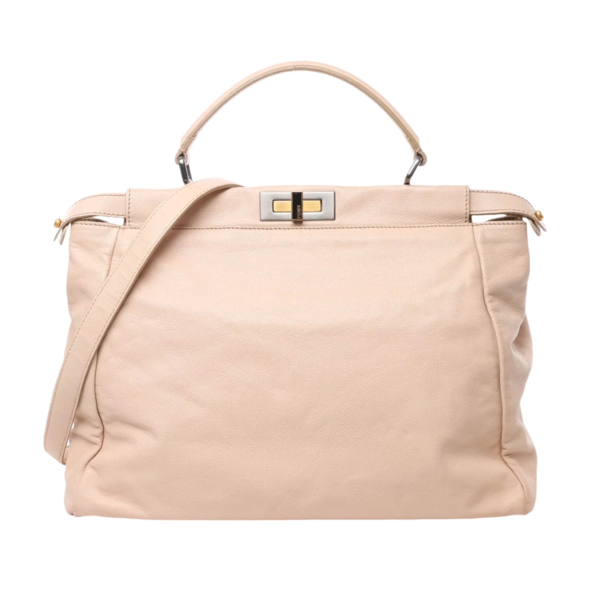 Front view of Fendi Peekaboo Leather 2Way Handbag 8BN210 in powder beige, featuring smooth leather exterior, top handle, detachable shoulder strap, and gold-tone twist-lock closure against a white background.