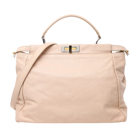 Front view of Fendi Peekaboo Leather 2Way Handbag 8BN210 in powder beige, featuring smooth leather exterior, top handle, detachable shoulder strap, and gold-tone twist-lock closure against a white background.