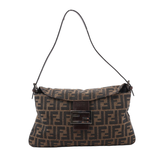 FENDI Baguette Zucchino Schultertasche aus Canvas und Leder in Braun 26796