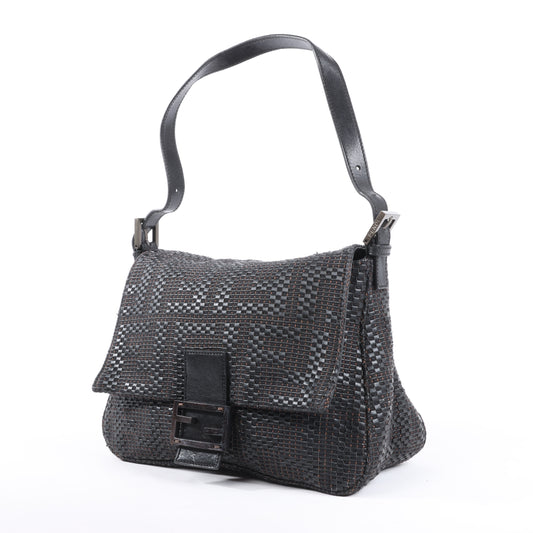 FENDI Zucchino Mamma Baguette Leder Umhängetasche in Schwarz 8BR001