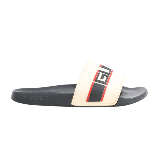 Gucci Pursuit Slides Sandalen, Beige/Schwarz/Rot, Größe 46