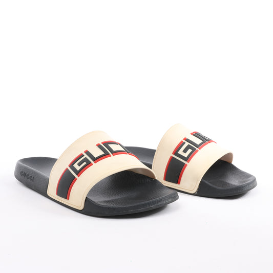 Gucci Pursuit Slides Sandalen, Beige/Schwarz/Rot, Größe 46
