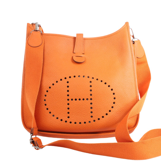 HERMES Evelyne 1 33 GM Taurillon Clemence Orange Silber Metallbeschläge Umhängetasche □JO: 2011