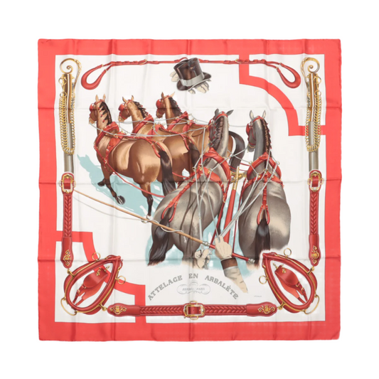 Hermès Carré 90 „ATTELAGE EN ARBALETE“ Seidentaschentuch in Rot