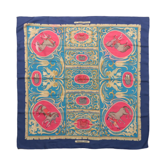 Hermès Carré 90 "LA PRESENTATION" 100% Silk Scarf in Navy Blue