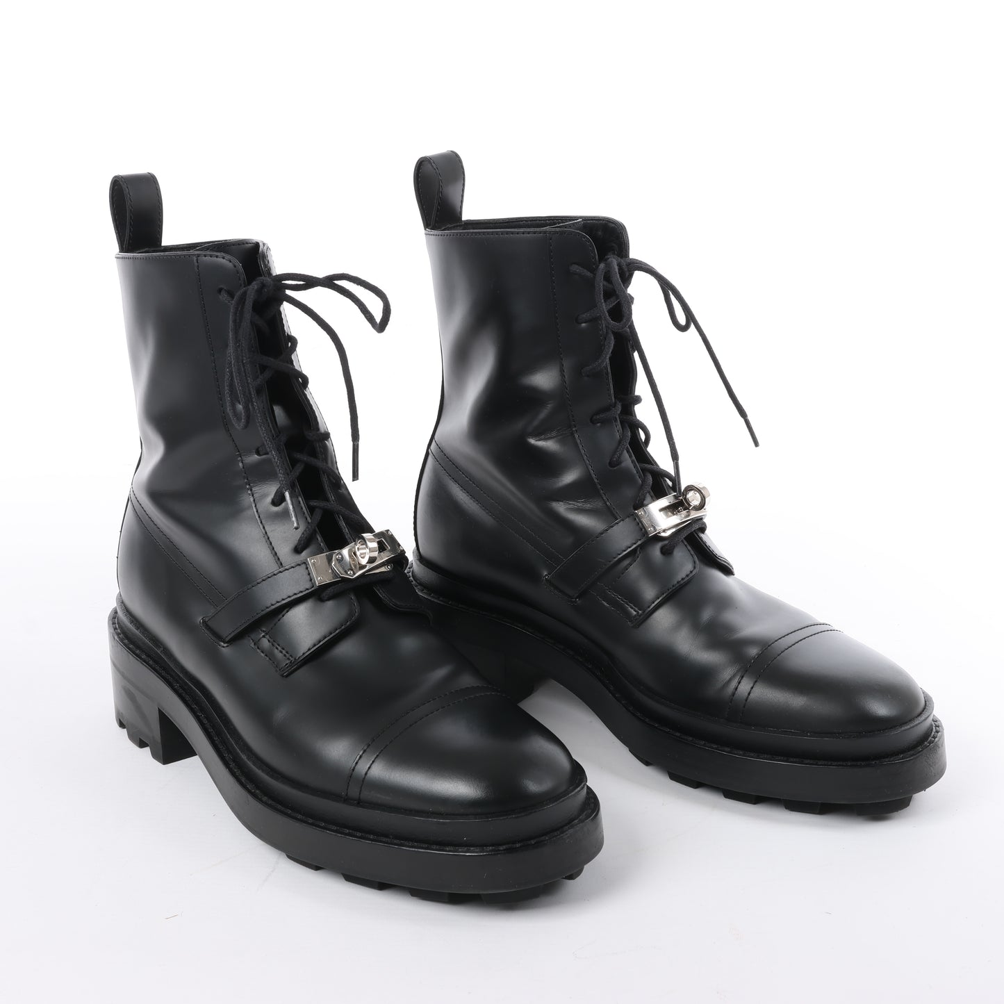 Bottines Hermès Funk en cuir avec garnitures métalliques Kelly, noires, pointure 38,5 EU