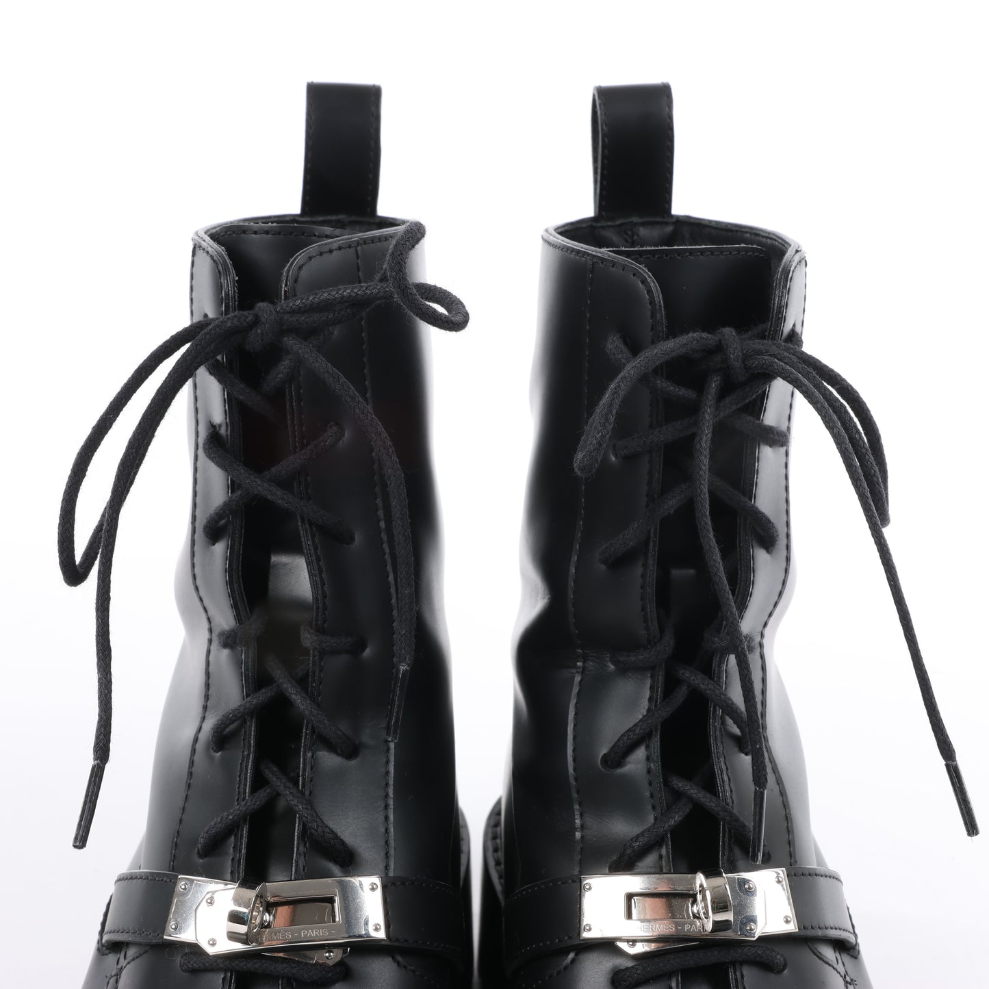 Bottines Hermès Funk en cuir avec garnitures métalliques Kelly, noires, pointure 38,5 EU