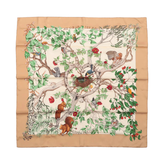 Hermès Carré  90 "AU COEUR DES BOIS" 100% Silk Scarf in Brown