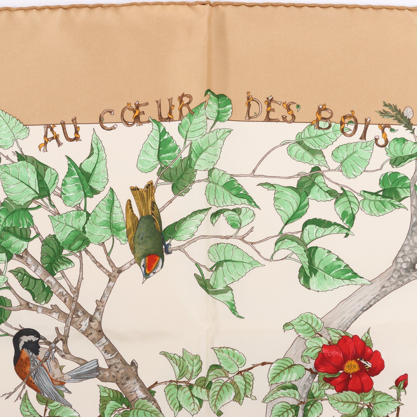 Hermès Carré  90 "AU COEUR DES BOIS" 100% Silk Scarf in Brown