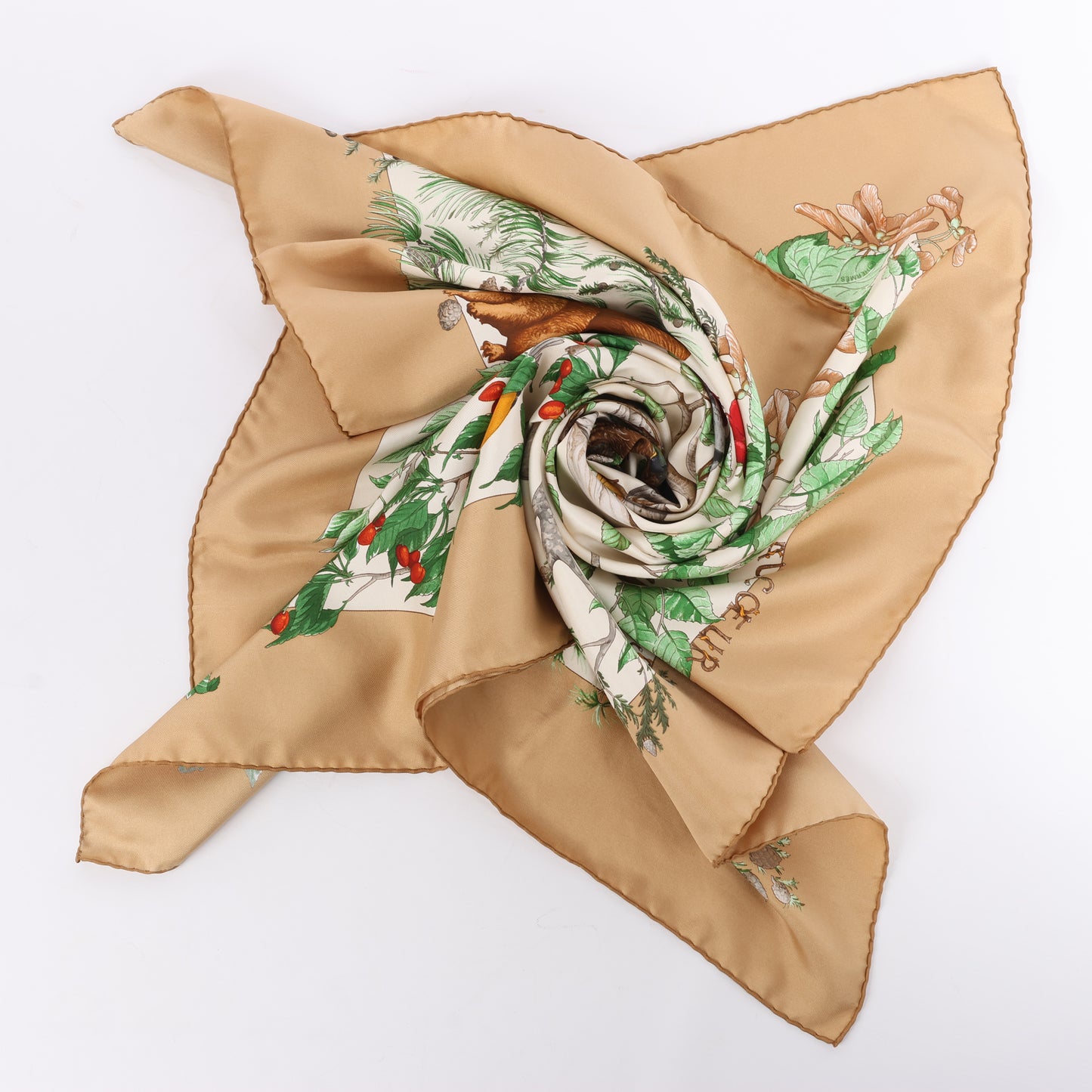 Hermès Carré  90 "AU COEUR DES BOIS" 100% Silk Scarf in Brown