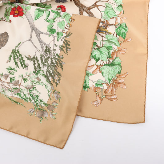 Hermès Carré  90 "AU COEUR DES BOIS" 100% Silk Scarf in Brown