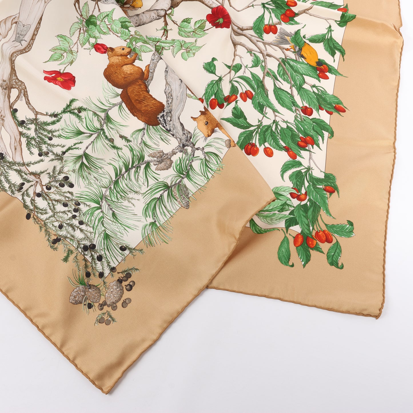 Hermès Carré  90 "AU COEUR DES BOIS" 100% Silk Scarf in Brown