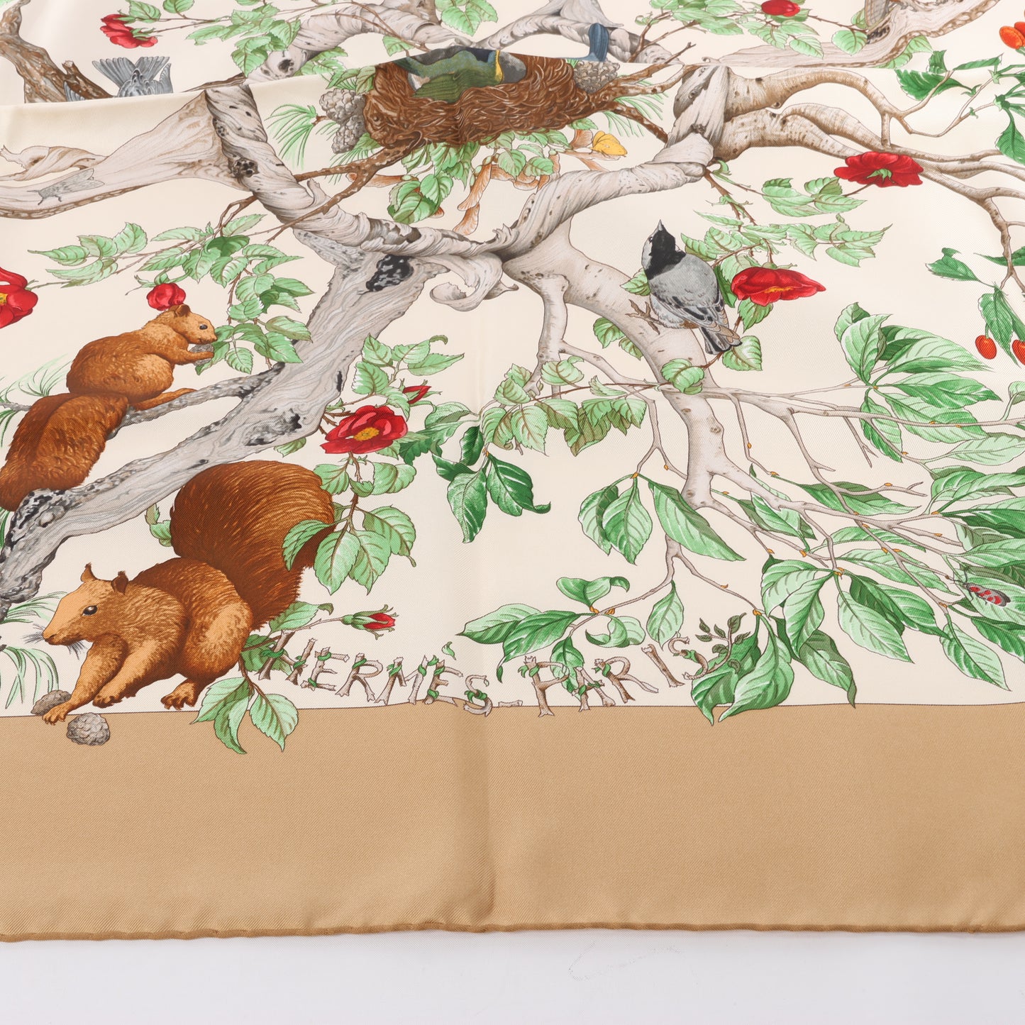 Hermès Carré  90 "AU COEUR DES BOIS" 100% Silk Scarf in Brown