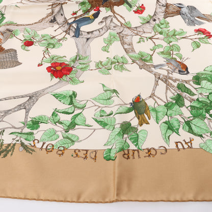 Hermès Carré  90 "AU COEUR DES BOIS" 100% Silk Scarf in Brown