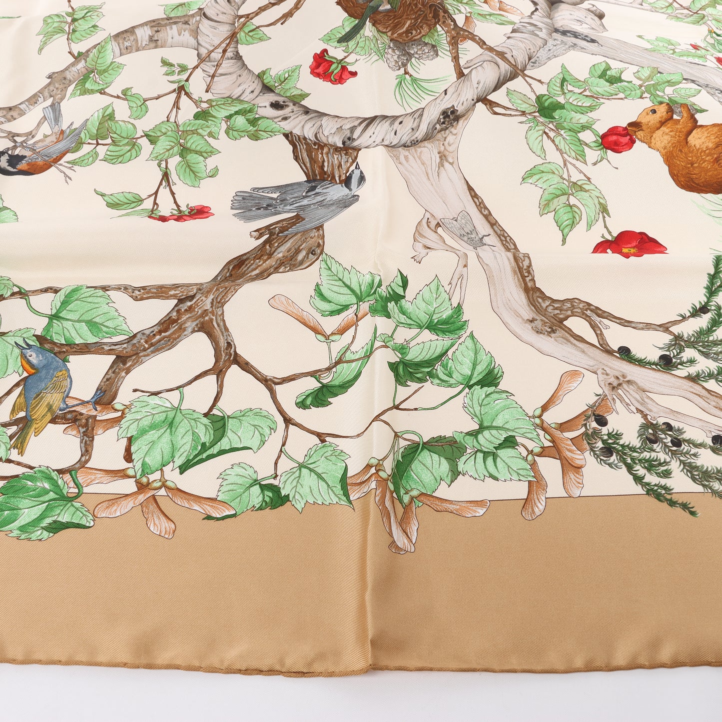 Hermès Carré  90 "AU COEUR DES BOIS" 100% Silk Scarf in Brown