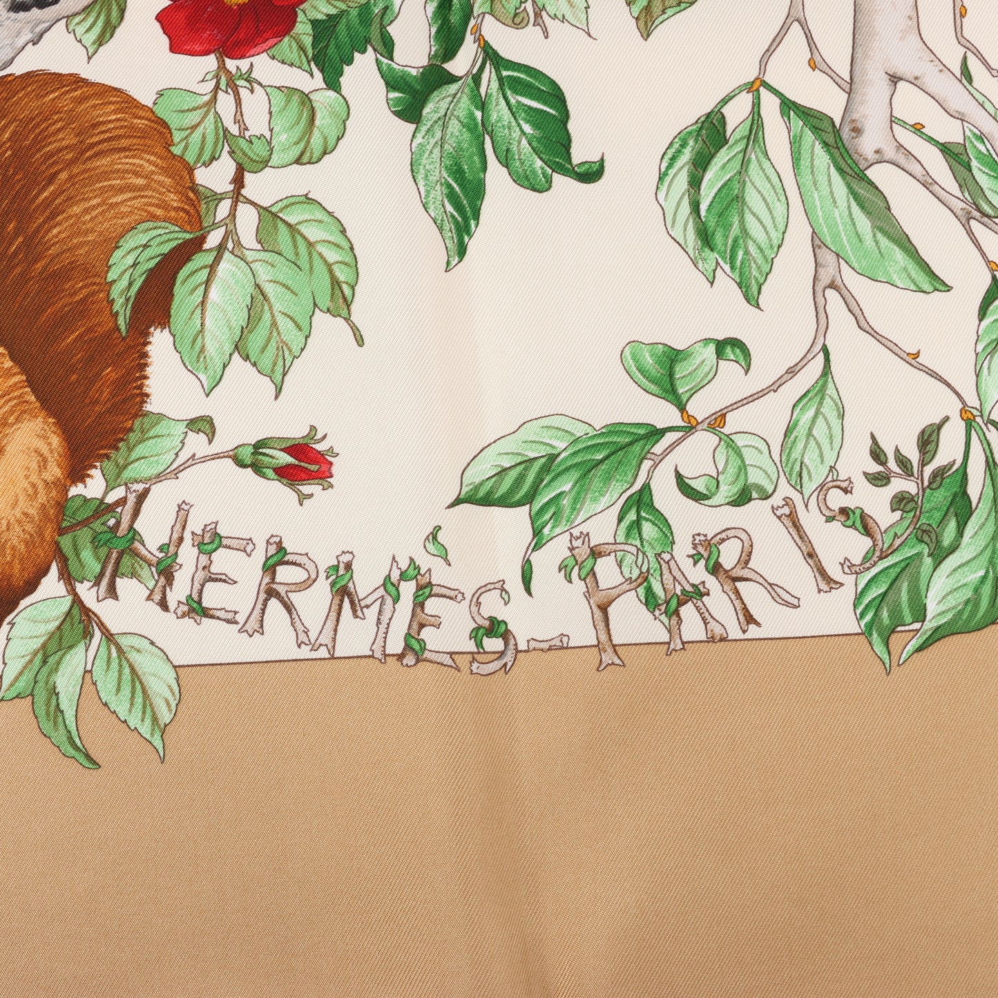 Hermès Carré  90 "AU COEUR DES BOIS" 100% Silk Scarf in Brown