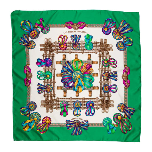 Hermès Carré 90 "Les Rubans du Cheval" 100% Silk Scarf in Green