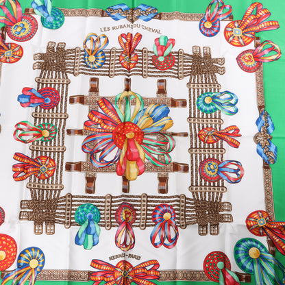 Hermès Carré 90 "Les Rubans du Cheval" 100% Silk Scarf in Green