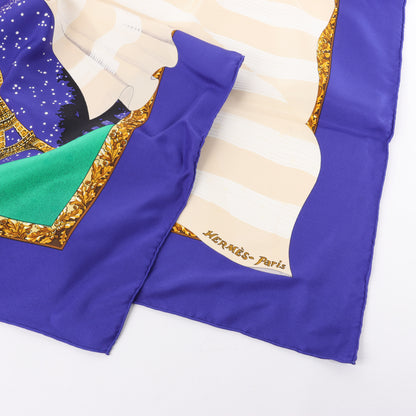 Hermès Carré 90 "Souvenirs de Paris" 100% Silk Scarf in Blue
