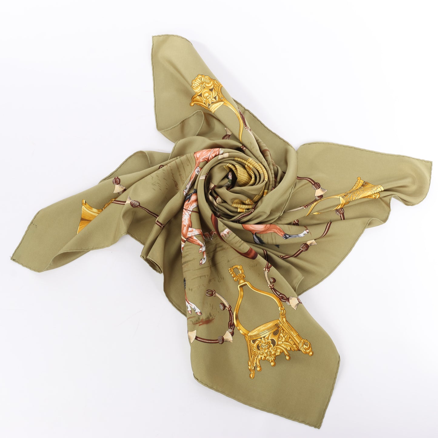 Hermès Carré 90 "Pampa" 100% Silk Scarf in Khaki