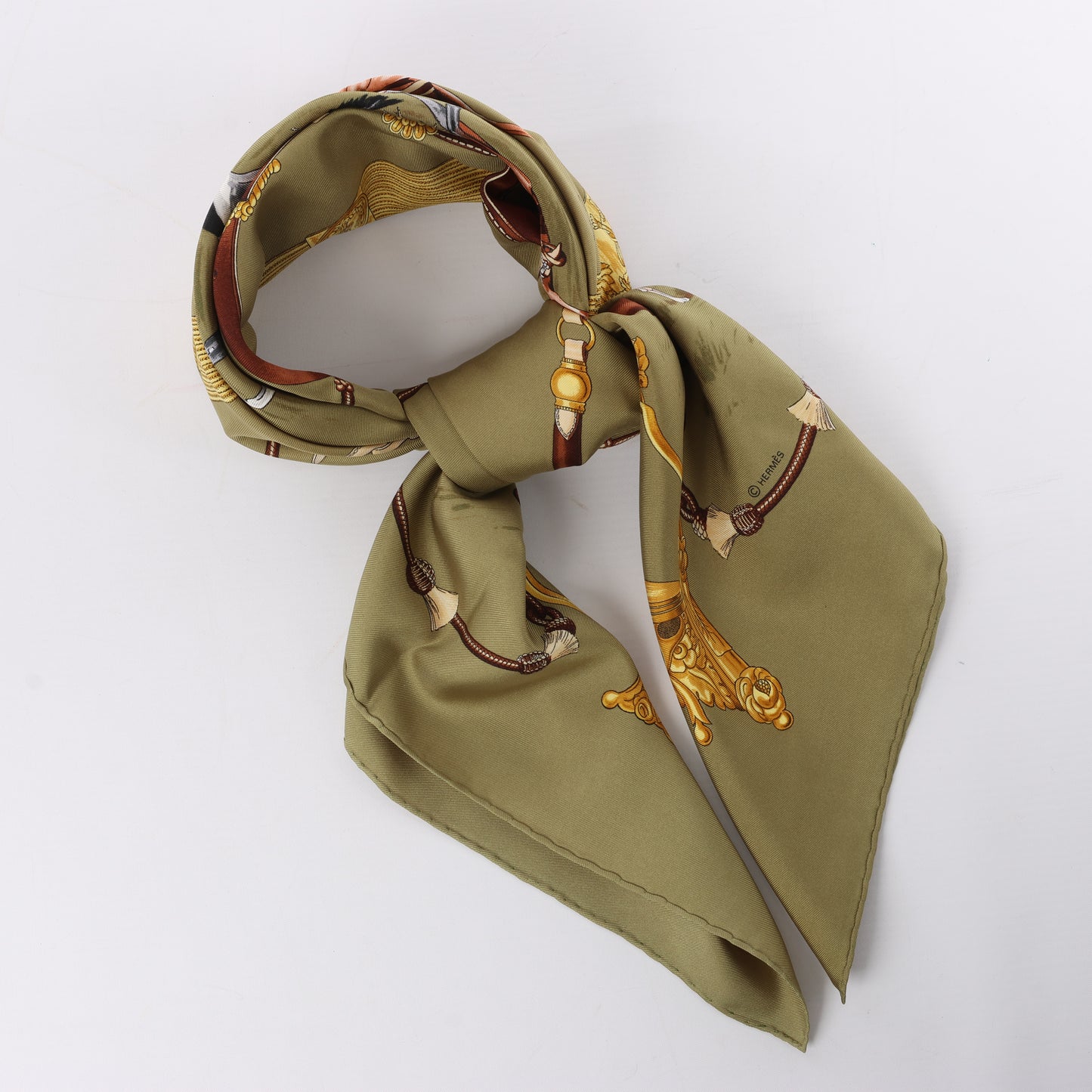 Hermès Carré 90 "Pampa" 100% Silk Scarf in Khaki
