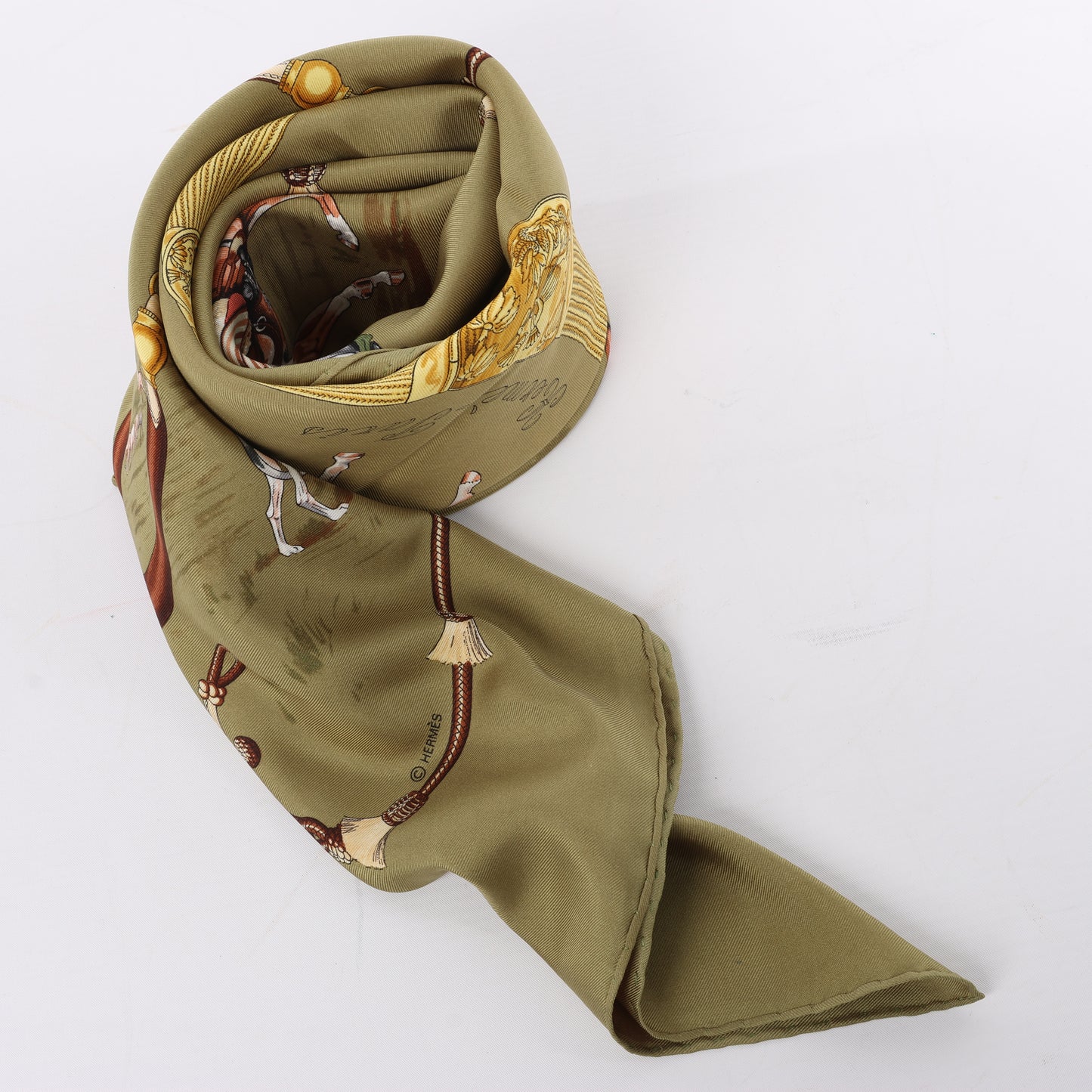 Hermès Carré 90 "Pampa" 100% Silk Scarf in Khaki