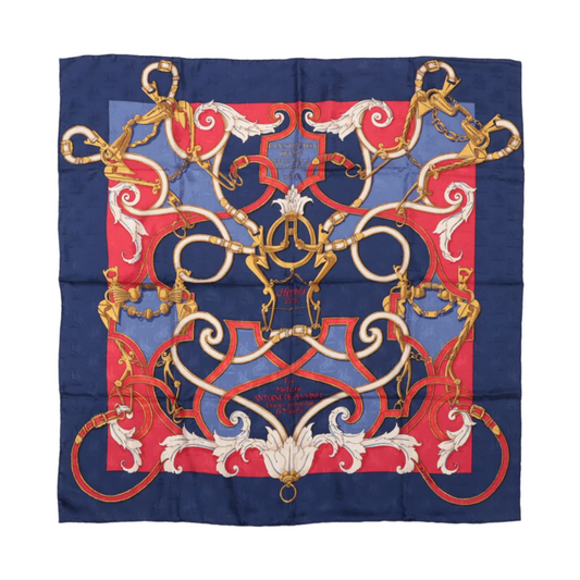 Hermès Carré 90 " L’INSTRVCTION DV ROY" 100% Silk Scarf in Navy x Red