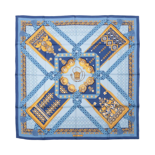 Hermès Carré 90 "Brins d’or Kin" 100% Silk Scarf in Blue