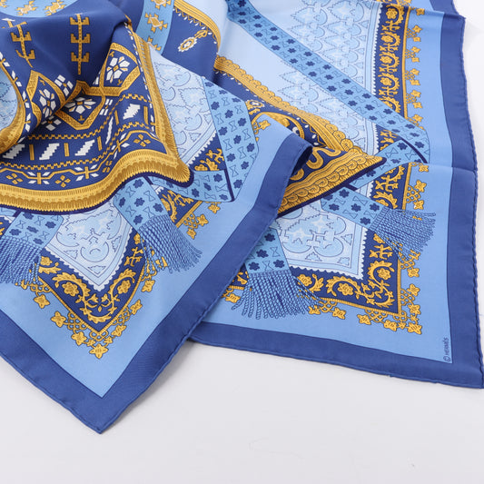Hermès Carré 90 "Brins d’or Kin" 100% Silk Scarf in Blue