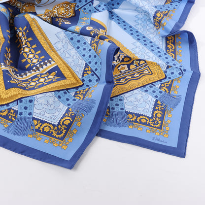 Hermès Carré 90 "Brins d’or Kin" 100% Silk Scarf in Blue