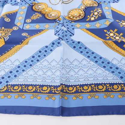Hermès Carré 90 "Brins d’or Kin" 100% Silk Scarf in Blue