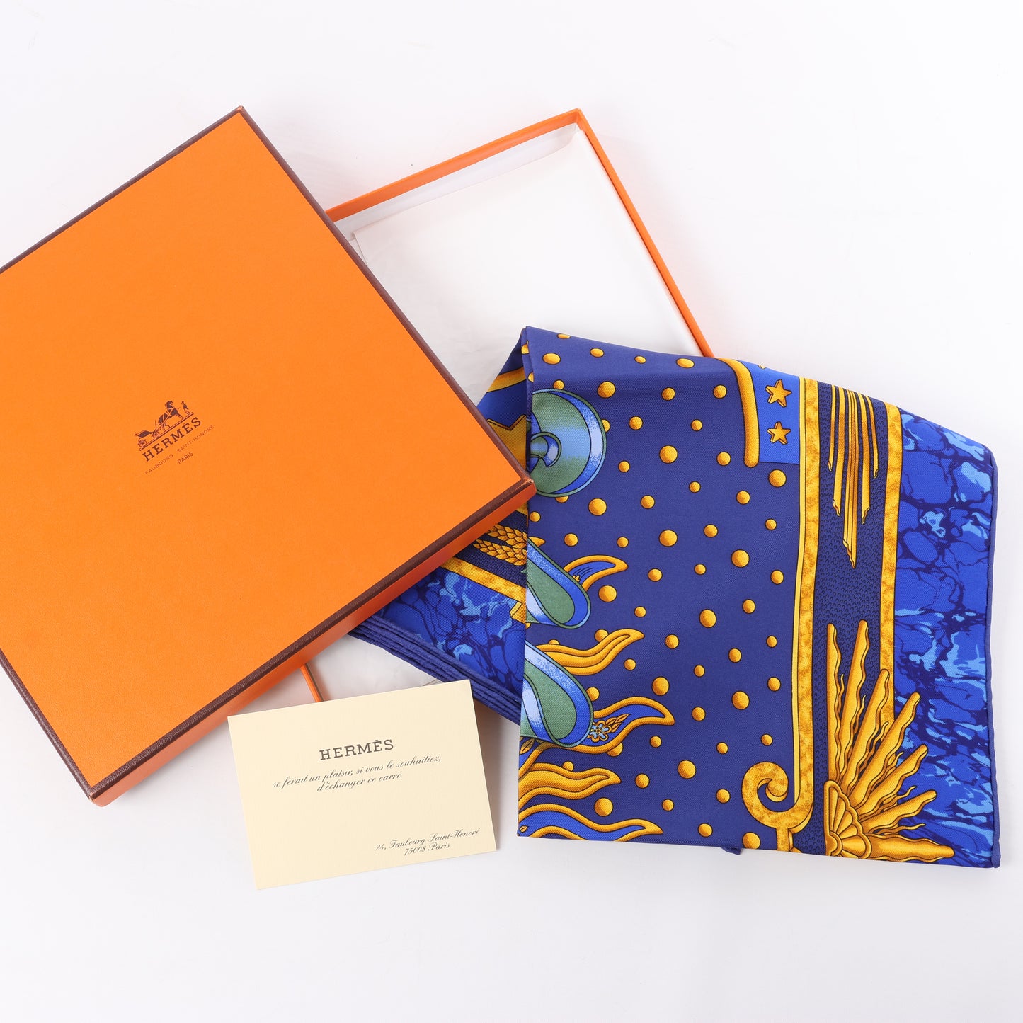 Hermès Carré 90 "CARPE DIEM" 100% Silk Scarf in Blue