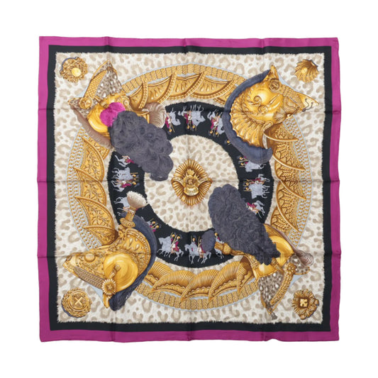 Hermès Carré 90 "CASQUES et PLUMETS" 100% Silk Scarf in Purple