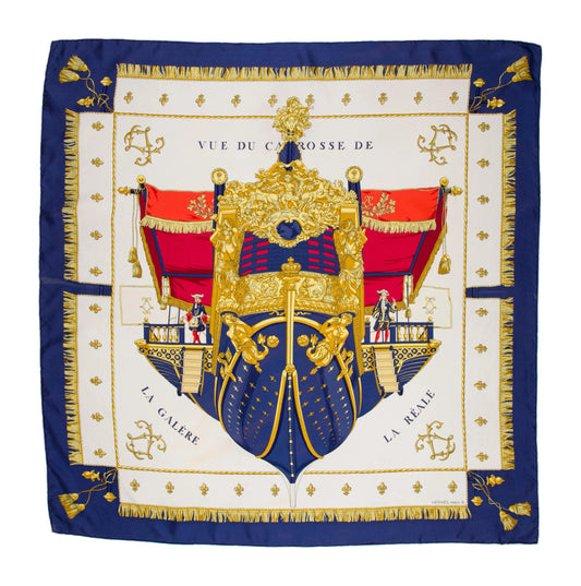 Hermès Carré 90 "Vue du Carrosse de la Galère La Réale" 100% Silk Scarf in Blue