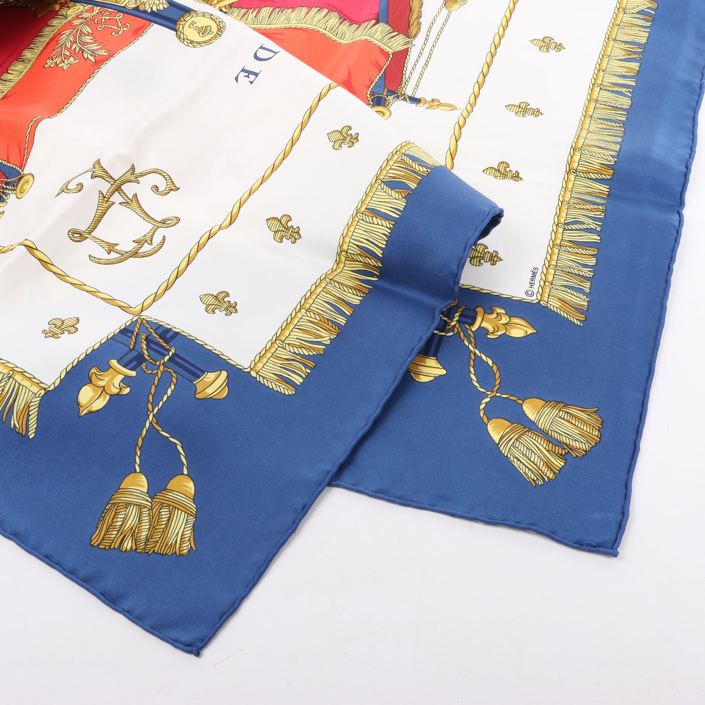 Hermès Carré 90 "Vue du Carrosse de la Galère La Réale" 100% Silk Scarf in Blue