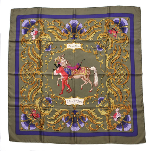 Hermès Carré 90 "Cheval Turc" 100% Silk Scarf in Khaki
