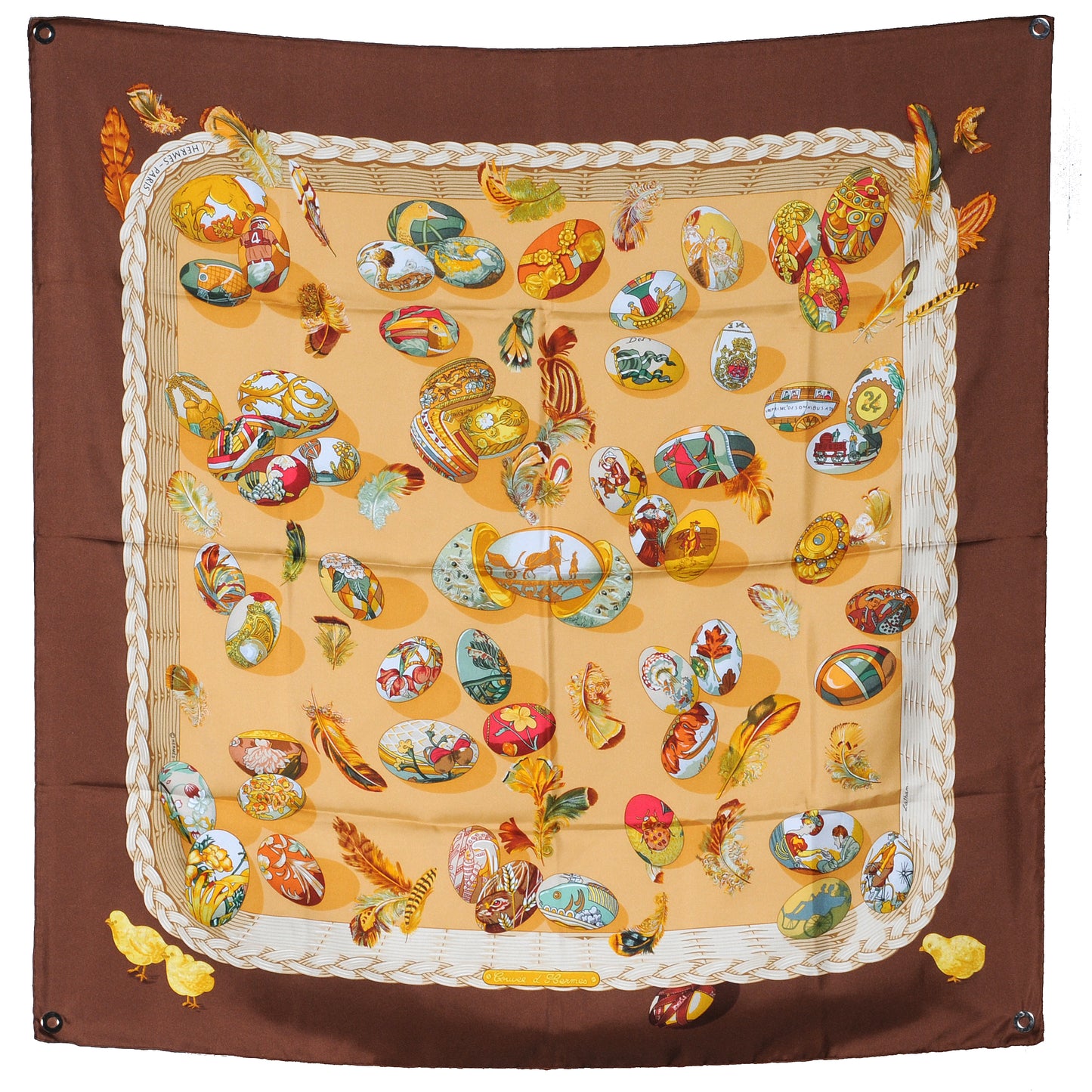 Hermès Carré 90 "Couvee D Hermes" 100% Silk Scarf in Brown
